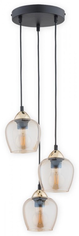 Lampa sufitowa MARGO 3xE27 Lemir z bursztynowymi kloszami to eleganckie oświetlenie do salonu, jadalni i klatki schodowej. Kaskadowa forma, czarna oprawa oraz złote detale tworzą wyjątkową dekorację nowoczesnego wnętrza.