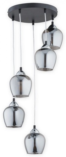 Lampa sufitowa MARGO 5xE27 Lemir z grafitowymi kloszami to eleganckie oświetlenie do salonu, jadalni i klatki schodowej. Kaskadowa konstrukcja, czarna oprawa z chromowanymi detalami oraz podział świecenia 3+2 zapewniają styl i funkcjonalność