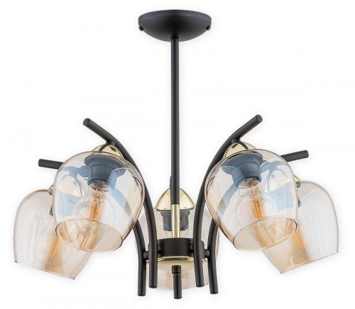 Lampa sufitowa MARAL Lemir 5×E27 łączy matową czerń, złote dodatki i bursztynowe klosze. Model z podziałem świecenia 3+2 sprawdzi się w salonie, jadalni, kuchni lub sypialni. Odpowiedni do żarówek LED.