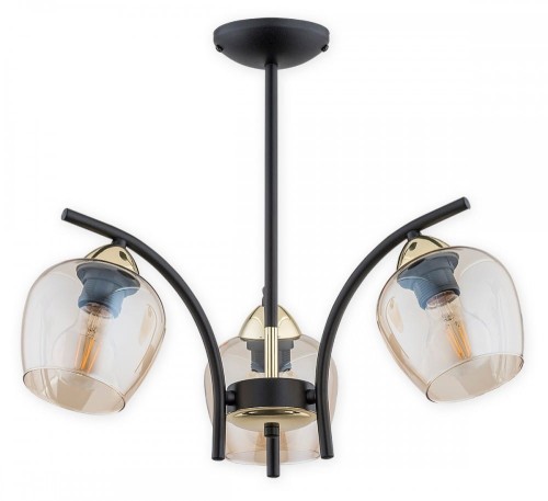 Lampa sufitowa MARAL Lemir 3×E27 łączy matową czerń, złote dodatki i bursztynowe klosze. Model z podziałem świecenia 2+1 sprawdzi się w salonie, jadalni, kuchni lub sypialni. Odpowiedni do LED.