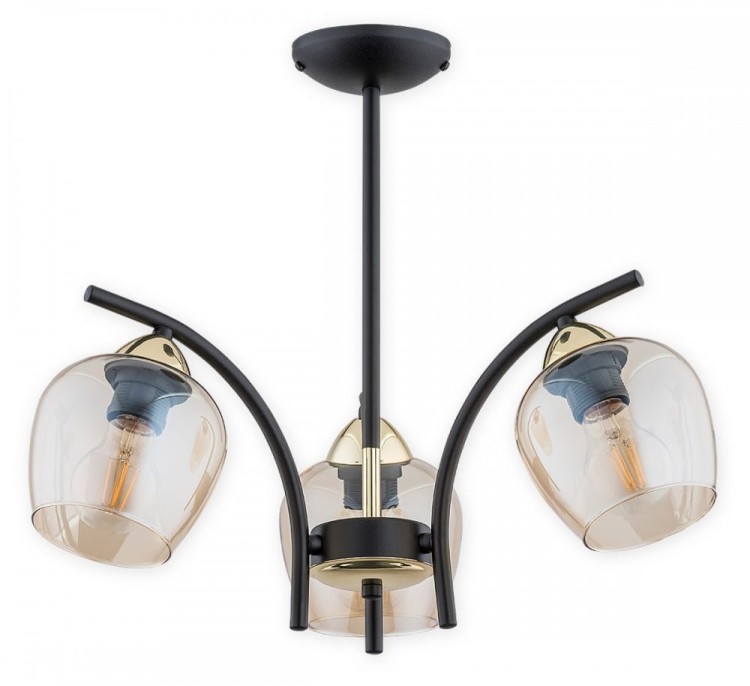 Lampa sufitowa MARAL Lemir 3×E27 łączy matową czerń, złote dodatki i bursztynowe klosze. Model z podziałem świecenia 2+1 sprawdzi się w salonie, jadalni, kuchni lub sypialni. Odpowiedni do LED.