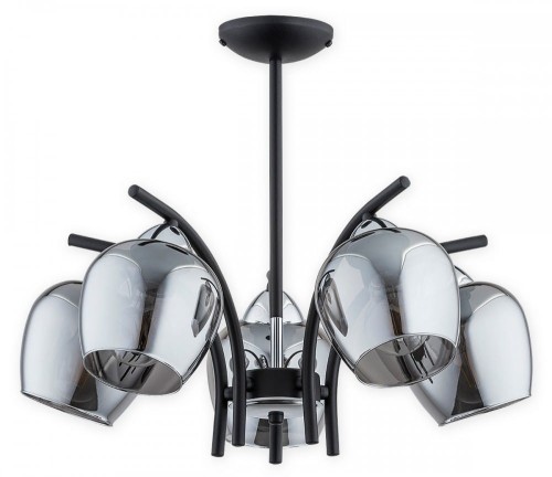Lampa sufitowa MARAL 5xE27 Lemir łączy czarny matowy stelaż z chromowanymi detalami i lustrzanymi kloszami. Model o szerokości 47 cm sprawdzi się w salonie, jadalni i sypialni. Obsługuje żarówki LED E27, podział światła 3+2.