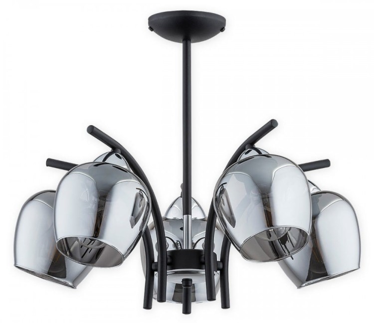 Lampa sufitowa MARAL 5xE27 Lemir łączy czarny matowy stelaż z chromowanymi detalami i lustrzanymi kloszami. Model o szerokości 47 cm sprawdzi się w salonie, jadalni i sypialni. Obsługuje żarówki LED E27, podział światła 3+2.