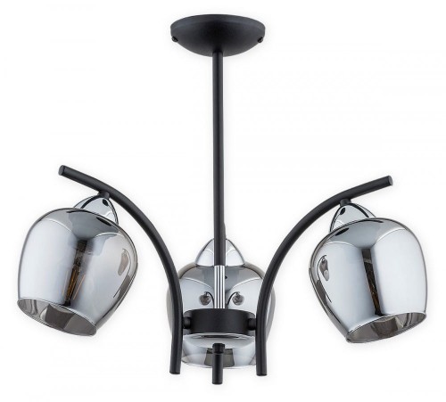 Lampa sufitowa MARAL 3xE27 Lemir łączy czarny matowy stelaż, chromowane dodatki i trzy grafitowe klosze. Model 40 × 40 cm pasuje do salonu, jadalni oraz sypialni. Obsługuje żarówki LED, ma stopień ochrony IP20 i podział światła 2+1.