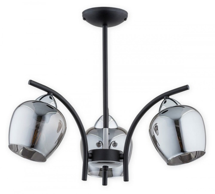 Lampa sufitowa MARAL 3xE27 Lemir łączy czarny matowy stelaż, chromowane dodatki i trzy grafitowe klosze. Model 40 × 40 cm pasuje do salonu, jadalni oraz sypialni. Obsługuje żarówki LED, ma stopień ochrony IP20 i podział światła 2+1.