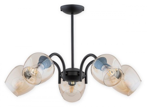 Lampa sufitowa KATLA 5xE27 Lemir z bursztynowymi kloszami to eleganckie oświetlenie do salonu, jadalni i sypialni. Czarna oprawa ze złotymi detalami oraz funkcja świecenia 3+2 tworzą idealne połączenie stylu, komfortu i funkcjonalności