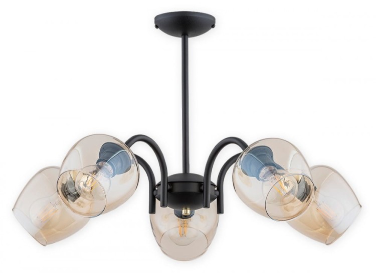 Lampa sufitowa KATLA 5xE27 Lemir z bursztynowymi kloszami to eleganckie oświetlenie do salonu, jadalni i sypialni. Czarna oprawa ze złotymi detalami oraz funkcja świecenia 3+2 tworzą idealne połączenie stylu, komfortu i funkcjonalności