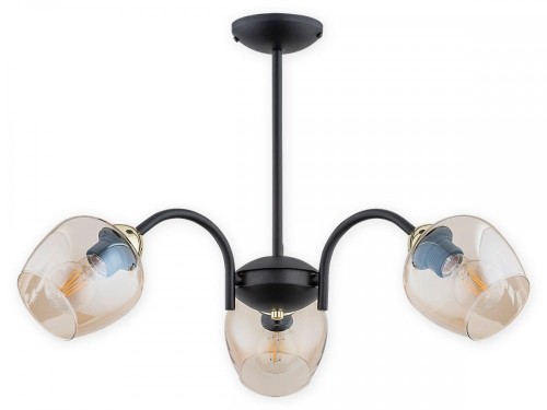 Lampa sufitowa KATLA 3xE27 Lemir łączy czarny matowy stelaż, złote dodatki i trzy bursztynowe klosze. Model 50 × 40 cm pasuje do salonu, jadalni i sypialni. Obsługuje żarówki LED, ma stopień ochrony IP20 i podział światła 2+1.