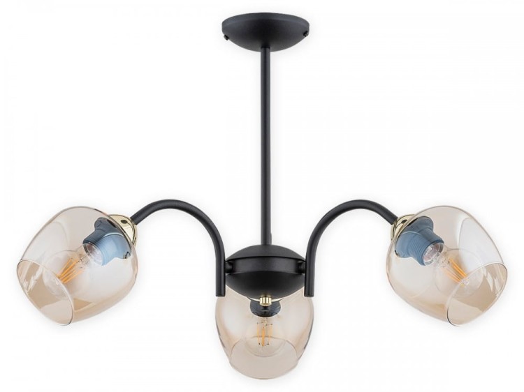 Lampa sufitowa KATLA 3xE27 Lemir łączy czarny matowy stelaż, złote dodatki i trzy bursztynowe klosze. Model 50 × 40 cm pasuje do salonu, jadalni i sypialni. Obsługuje żarówki LED, ma stopień ochrony IP20 i podział światła 2+1.