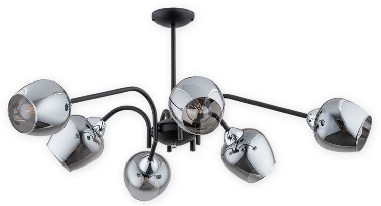 Lampa sufitowa KATLA 6xE27 Lemir z grafitowymi kloszami to eleganckie oświetlenie do salonu, jadalni i sypialni. Czarna oprawa z chromowanymi detalami oraz podział świecenia 3+3 łączą nowoczesny design z funkcjonalnością.