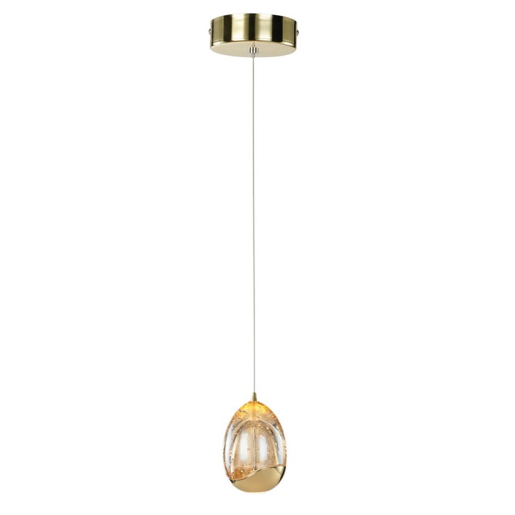 Lampa wisząca HUELTO 1xLED Italux w kolorze złota szampańskiego zachwyca elegancką formą i transparentnym kloszem z dekoracyjnymi pęcherzykami powietrza. Ciepła barwa światła 3000K tworzy przytulny klimat w salonie, sypialni lub jadalni.