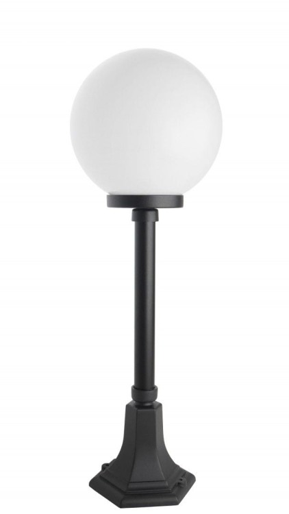 Lampa stojąca Kula słupek 73 cm z aluminium. Klosz kula w kolorze białym lub przydymionym. Oświetlenie alejki w ogrodzie. Na jedną żarówkę E27. Możliwość wykonanie lampy w kolorach patynowanych: miedzi, mosiądz, zieleń, antyk lub srebrnym.