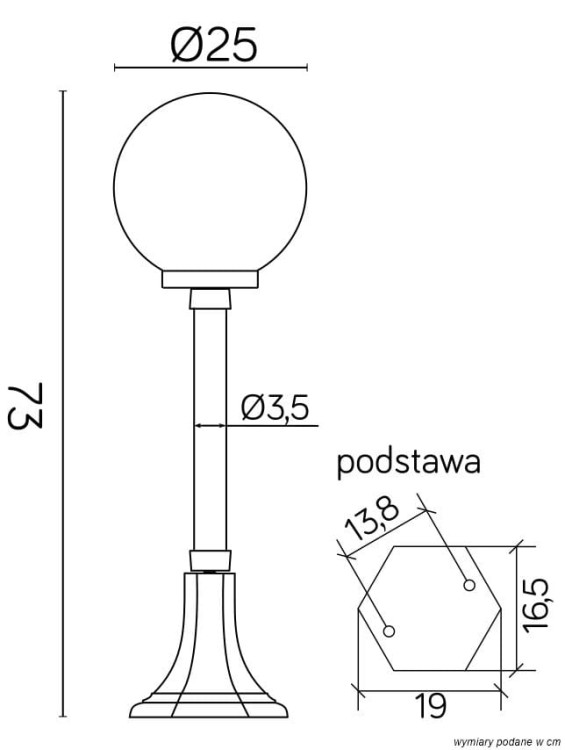 Lampa stojąca Kula słupek 73 cm z aluminium. Klosz kula w kolorze białym lub przydymionym. Oświetlenie alejki w ogrodzie. Na jedną żarówkę E27. Możliwość wykonanie lampy w kolorach patynowanych: miedzi, mosiądz, zieleń, antyk lub srebrnym.