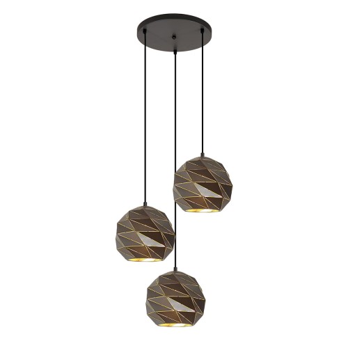 Wybierz lampę wiszącą PALERMO Italux nad wyspę lub barek. Trzy fasetowane klosze ze złotym wnętrzem tworzą dekoracyjną kompozycję. Średnica 49 cm, wysokość do 110 cm, możliwość skrócenia przewodów. Żarówki E27 poza zestawem.
