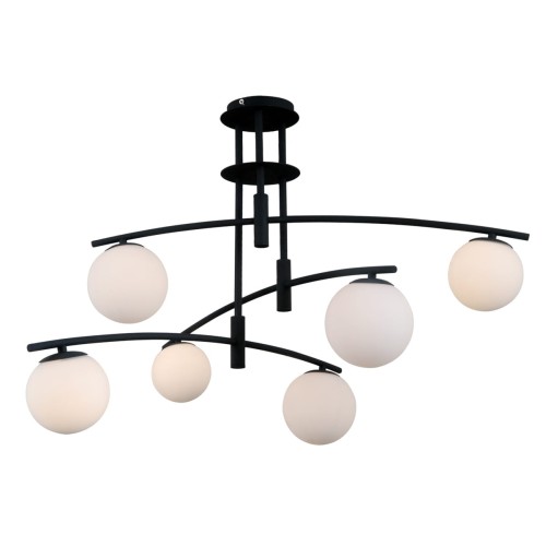 Lampa sufitowa SENAI Italux zachwyca czarną, satynowaną konstrukcją i 6 białymi kloszami w kształcie kul. Szerokość 91,5 cm sprawia, że doskonale oświetli salon, jadalnię lub sypialnię. Model na 6 żarówek G9 do 5 W.
