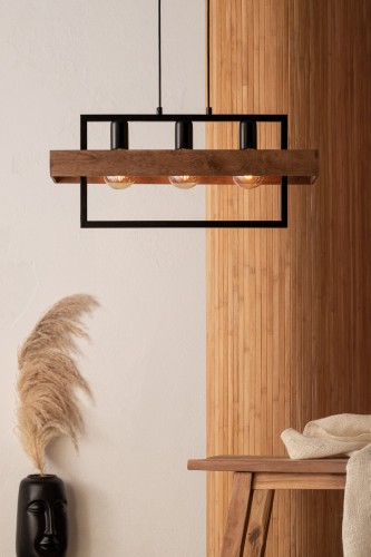 Lampa sufitowa ROBIN 3x60W Sigma 32217 to stylowe połączenie drewna i czerni. Idealna do kuchni, salonu czy jadalni. Regulowana wysokość, trzy gniazda E27 i nowoczesny loftowy design sprawiają, że pasuje do wielu aranżacji wnętrz