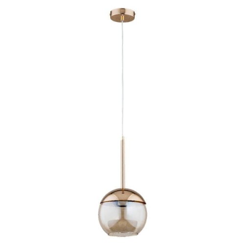 Lampa wisząca VOLDA GOLD Alfa 60824 łączy złotą armaturę z bursztynową szklaną kulą Ø20 cm. Pasuje nad stolik nocny, niewielki stół lub barek. Wysokość 90 cm, źródło światła 1×E27 max 60 W, IP20 230 V. Eleganckie oświetlenie do sypialni, kuchni i jadalni.