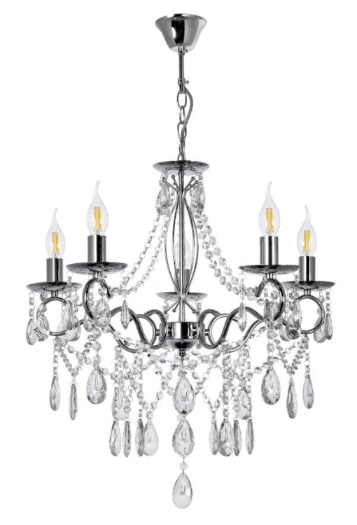 Żyrandol kryształowy MEGY 5x60W chrom (Venti) – klasyczny Maria Teresa. Błyszczący srebrny korpus i przezroczyste kryształy pięknie rozpraszają światło. Ø56 cm, wys. 80 cm. 5×E14 do 60W (żarówki osobno), 230V. Idealny do salonu, jadalni i holu
