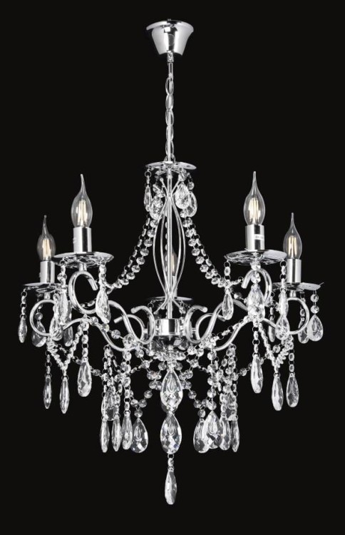 Żyrandol kryształowy MEGY 5x60W chrom (Venti) – klasyczny Maria Teresa. Błyszczący srebrny korpus i przezroczyste kryształy pięknie rozpraszają światło. Ø56 cm, wys. 80 cm. 5×E14 do 60W (żarówki osobno), 230V. Idealny do salonu, jadalni i holu