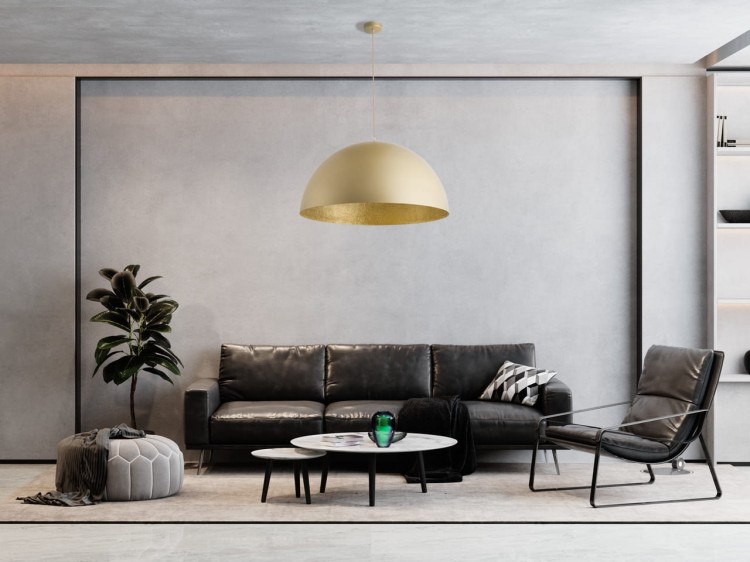 Nowoczesna lampa wisząca SFERA 90 o imponującej średnicy 90 cm to świetny wybór do dużych wnętrz. Złoty klosz dodaje luksusu, a regulowana wysokość pozwala dopasować lampę do aranżacji. Na żarówkę E27.