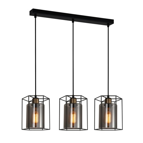 Lampa wisząca KALULA Italux 3xE27 łączy czarny metal z dymionym szkłem. Trzy klosze na listwie efektownie oświetlą wyspę kuchenną, stół lub barek. Szerokość 77 cm i regulowana wysokość do 94,5 cm.