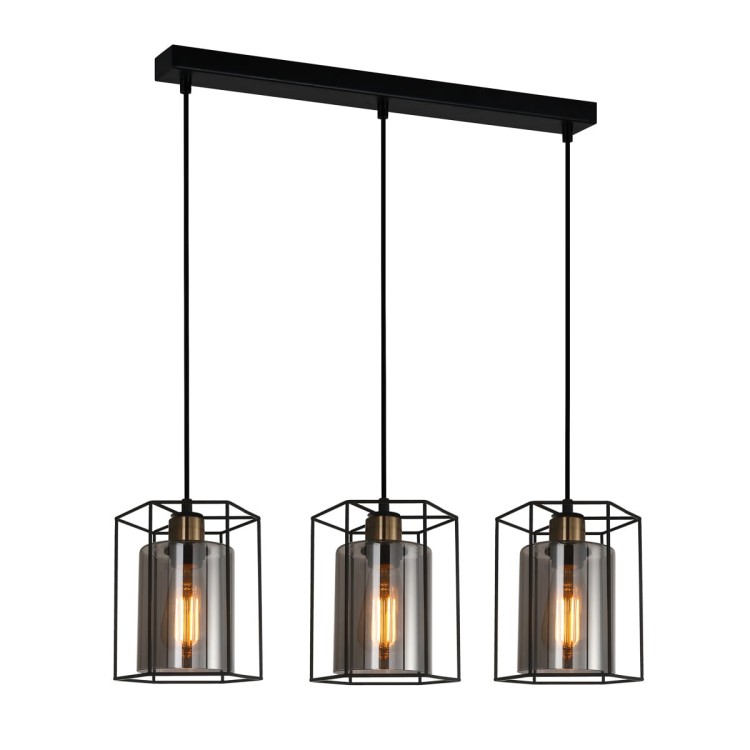 Lampa wisząca KALULA Italux 3xE27 łączy czarny metal z dymionym szkłem. Trzy klosze na listwie efektownie oświetlą wyspę kuchenną, stół lub barek. Szerokość 77 cm i regulowana wysokość do 94,5 cm.