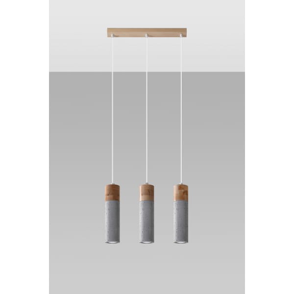 Nowoczesna lampa wisząca ZANE – betonowa tuba z detalem z naturalnego drewna. Minimalistyczny design do kuchni, jadalni i salonu. Wymienne źródło GU10 (max 40W) pozwala dobrać barwę i moc. Regulowana wysokość do 120 cm. IP20. Polska produkcja