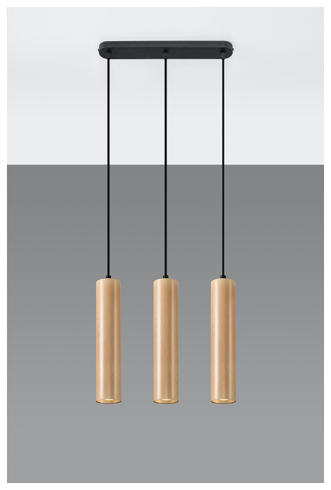 Lampa wisząca LINO 3-punktowa łączy jasne drewno z czarną, prostokątną podsufitką. Trzy smukłe tuby zawieszone w jednej linii zapewniają światło skierowane w dół. Oprawa GU10, IP20. Kod produktu: Sollux SL.0638.