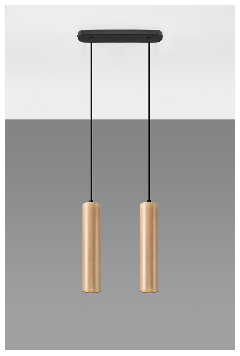 Lampa wisząca LINO 2-punktowa łączy jasne drewno z czarną prostokątną podsufitką. Dwie smukłe tuby zawieszone w jednej linii zapewniają światło skierowane w dół. Oprawa GU10, IP20. Kod produktu: Sollux SL.0637.