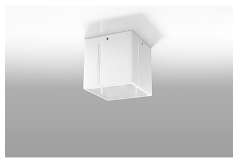 Kwadratowy plafon PIXAR w kolorze białym, zamontowany na suficie. Emituje światło w dół i przez boczne perforacje, tworząc subtelny wzór świetlny. Idealny do wnętrz nowoczesnych i minimalistycznych – do salonu, korytarza, sypialni lub jadalni