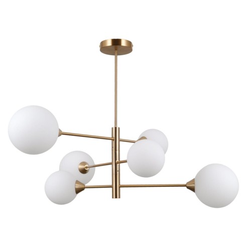 Lampa sufitowa EVORA 6xG9 Italux w kolorze miodowego mosiądzu to eleganckie oświetlenie do salonu, jadalni i sypialni. Sześć białych szklanych kul zapewnia równomierne rozproszenie światła, podkreślając nowoczesny charakter wnętrza.