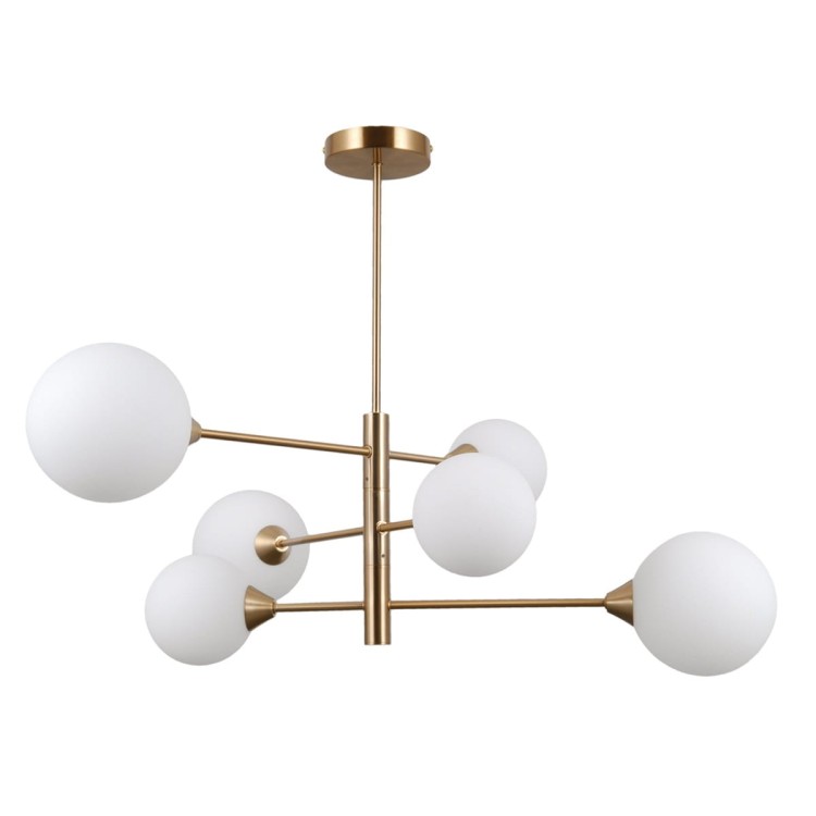 Lampa sufitowa EVORA 6xG9 Italux w kolorze miodowego mosiądzu to eleganckie oświetlenie do salonu, jadalni i sypialni. Sześć białych szklanych kul zapewnia równomierne rozproszenie światła, podkreślając nowoczesny charakter wnętrza.