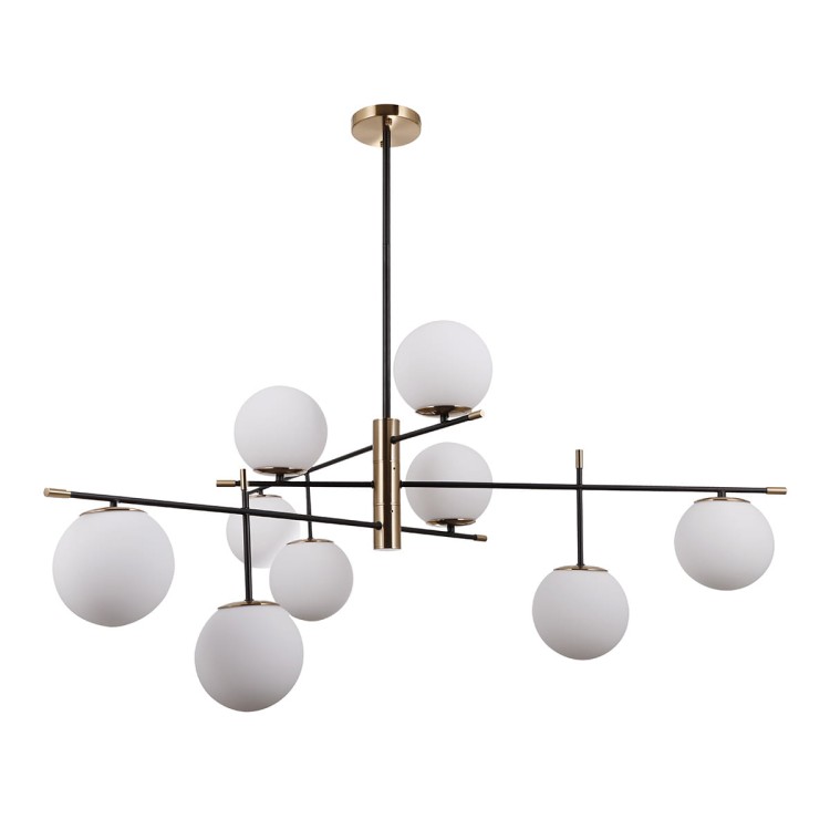 Lampa sufitowa STELIA Italux zachwyca dziewięcioma białymi kulami oraz efektowną konstrukcją w kolorze czarnym i antycznego brązu. Średnica 128 cm sprawia, że doskonale oświetli duży salon, jadalnię lub przestronny hol.