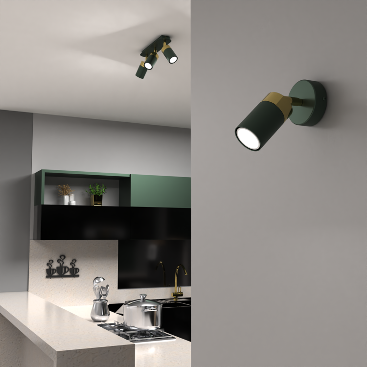 Lampa ścienna JOKER GREEN/GOLD o cylindrycznym kształcie klosza. Metalowa, elegancka i trwała. Doskonała jako oświetlenie strefowe lub dekoracyjne.