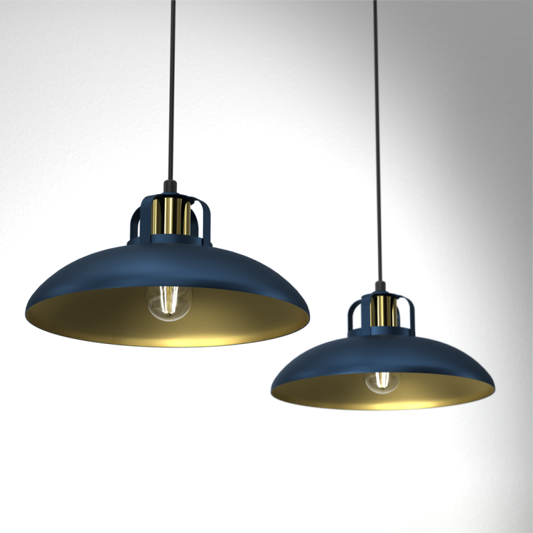 FELIX BLUE/GOLD 2xE27 to designerska lampa wisząca z dwoma kloszami w kolorze niebieskim i złotym wnętrzem. Idealna do oświetlenia stołu w jadalni lub wyspy kuchennej. Wykonana z metalu, solidna i stylowa.