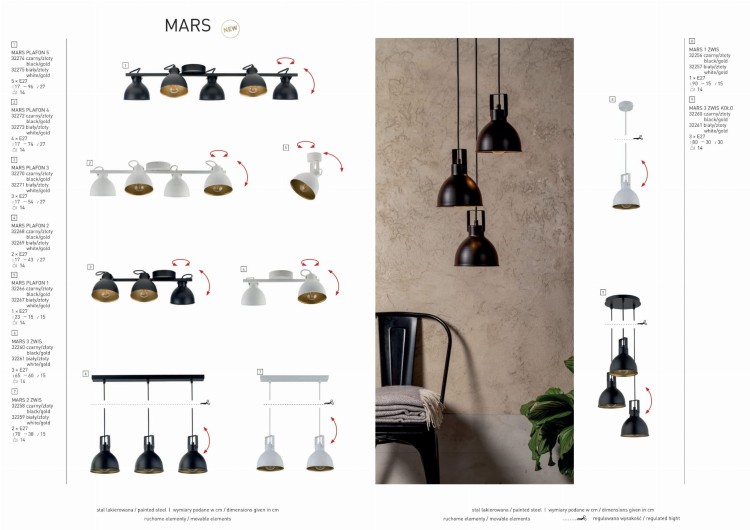 Lampa wisząca MARS 2xE27 w czarnym kolorze ze złotym wnętrzem to stylowa propozycja do wnętrz loftowych i modern. Trwała stal lakierowana, regulowana wysokość i dwa klosze gwarantują funkcjonalne oświetlenie.