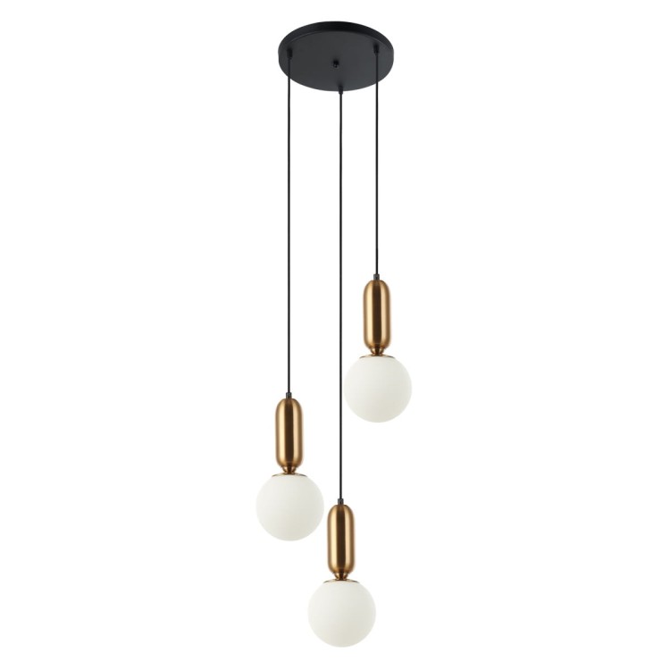 Lampa wisząca ALDEVA Italux w kolorze brąz antyczny z trzema kulistymi kloszami to eleganckie oświetlenie do salonu i jadalni. Mleczne szkło zapewnia miękkie światło, a nowoczesna forma pasuje do stylu loft i klasycznego.
