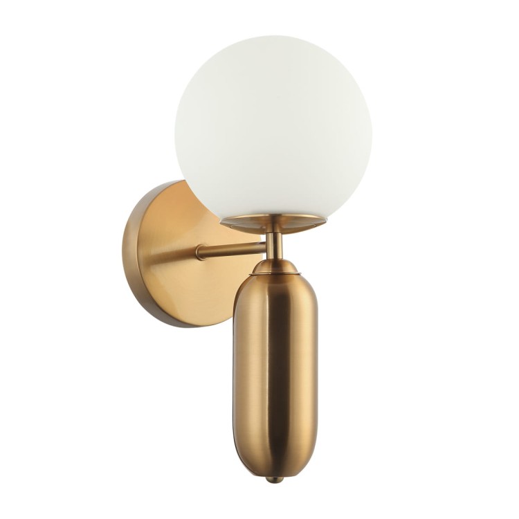 Kinkiet ALDEVA Italux w kolorze brąz antyczny to eleganckie oświetlenie ścienne do sypialni i salonu. Kulisty klosz z mlecznego szkła zapewnia miękkie światło, a nowoczesna forma pasuje do klasycznych i loftowych wnętrz.