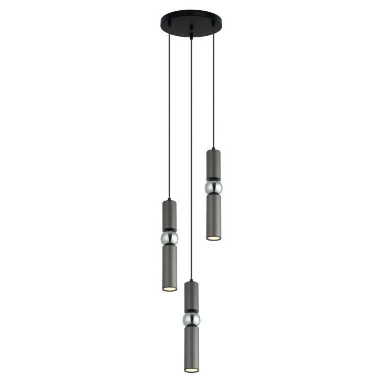 Lampa wisząca ISIDORA 3xGU10 Italux zachwyca nowoczesnym designem i eleganckim połączeniem szarości z chromowanymi detalami. Trzy zwisy tworzą efektowną kompozycję świetlną idealną nad stół, wyspę kuchenną lub do salonu.