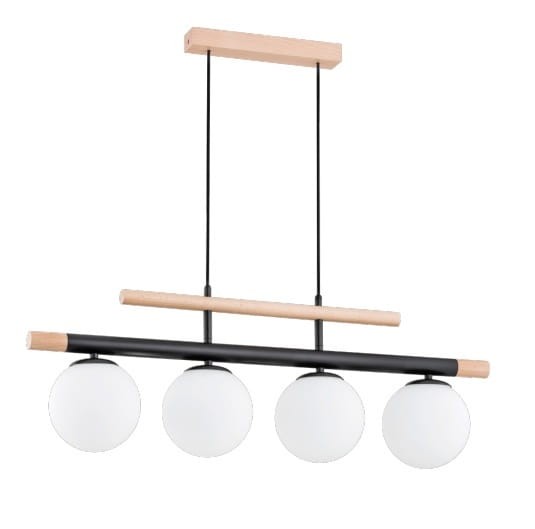 Lampa sufitowa TRENDY Alfa 63091 na czarnej belce z drewnianymi akcentami i czterema białymi kloszami.