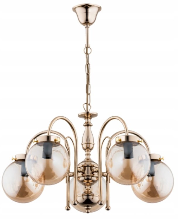 Żyrandol HERO złoty 5xE14 z bursztynowymi kloszami to elegancka lampa sufitowa do salonu i jadalni. Tworzy ciepłe, nastrojowe światło i podkreśla styl wnętrza glamour oraz klasyczny.