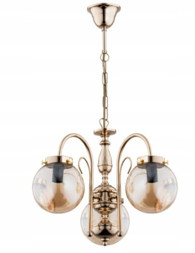 Żyrandol HERO złoty 3xE14 z bursztynowymi kloszami to eleganckie oświetlenie do salonu i sypialni. Tworzy ciepłe, przytulne światło i podkreśla styl wnętrza glamour oraz klasyczny