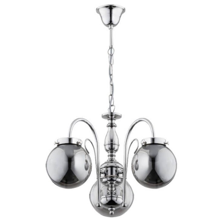 Lampa sufitowa HERO 3x40W chrom Alfa 28283 to elegancki żyrandol klasyczny z trzema kulistymi kloszami z dymionego szkła. Chromowana armatura i funkcja podziału świecenia sprawiają, że lampa doskonale sprawdzi się w salonie, sypialni i jadalni.