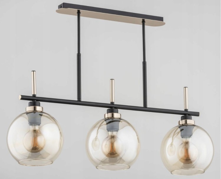 DOLFI 3x60W Alfa 62198 – elegancka lampa czarna ze złotymi dodatkami i bursztynowymi kulami. Nowoczesne oświetlenie nad stół i wyspę kuchenną.