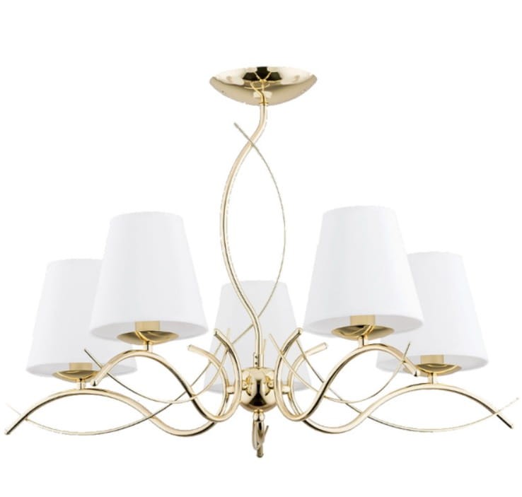 Klasyczny żyrandol MONZA 5-ramienny w złotym połysku z białymi abażurami. Doskonały do wnętrz glamour i modern classic. Tworzy nastrojowe, miękkie światło, podkreślając elegancję salonu, jadalni lub holu.