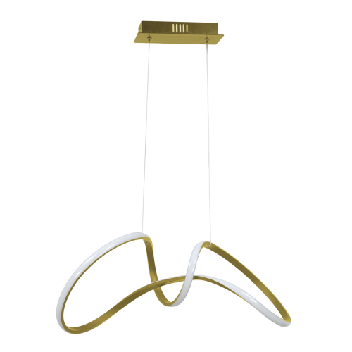 Lampa wisząca TESORO ML7953 zachwyca nowoczesną, falującą formą i eleganckim złotym wykończeniem. Moc 48W LED oraz strumień świetlny 2400 lm zapewniają skuteczne oświetlenie salonu, jadalni, sypialni oraz nowoczesnych apartamentów.