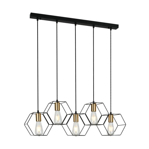 Lampa wisząca AINA Italux 5xE27 zachwyca czarno-złotym wykończeniem i geometrycznymi kloszami. Podłużna forma o długości 78,5 cm idealnie pasuje nad stół, wyspę kuchenną lub barek. Wysokość regulowana do 100 cm.