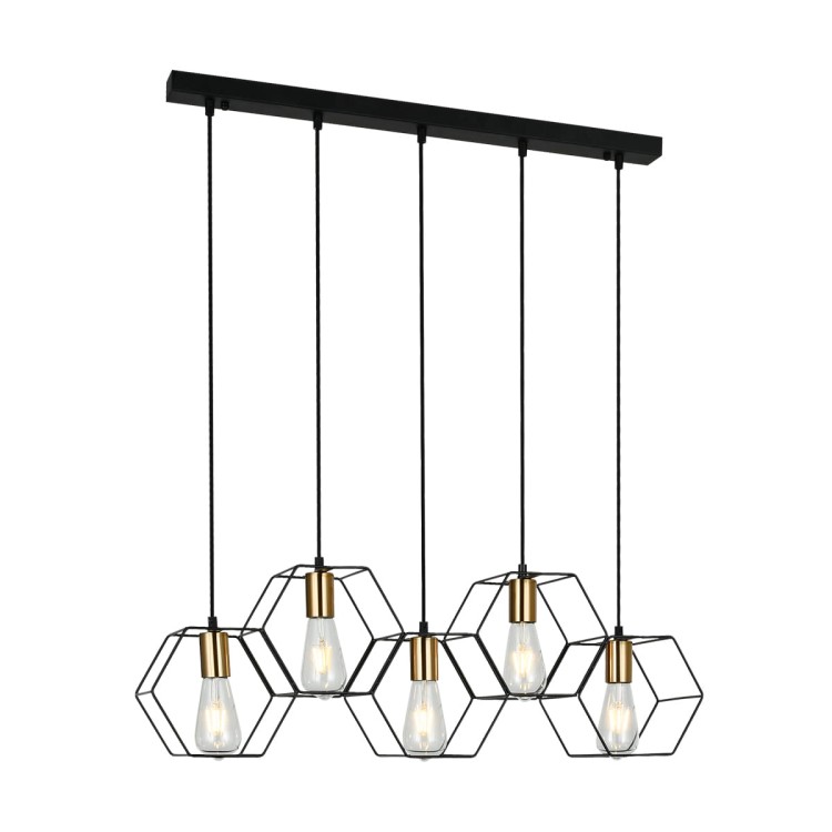 Lampa wisząca AINA Italux 5xE27 zachwyca czarno-złotym wykończeniem i geometrycznymi kloszami. Podłużna forma o długości 78,5 cm idealnie pasuje nad stół, wyspę kuchenną lub barek. Wysokość regulowana do 100 cm.
