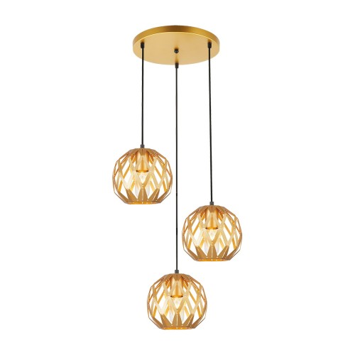 Lampa sufitowa HILO 3xE27 Italux ma trzy złote, ażurowe klosze zawieszone kaskadowo. Model o średnicy 44 cm efektownie oświetli salon, jadalnię, wysoki hol, klatkę schodową lub antresolę. Wysokość całkowita 115 cm.