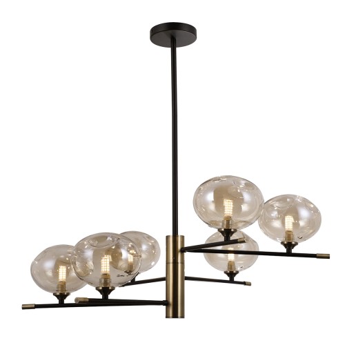 Lampa sufitowa MESTA 6xG9 Italux łączy czerń, antyczny brąz i bursztynowe szkło. Sześć nieregularnych kloszy oraz asymetryczne ramiona tworzą efektowne oświetlenie nad stół do jadalni, salonu lub reprezentacyjnego holu.